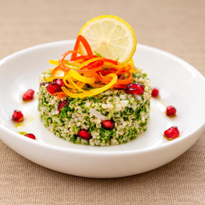 Quinoa and Bulgur Wheat Salad with Pomegranate and Feta Cheese in Lemon Dressing