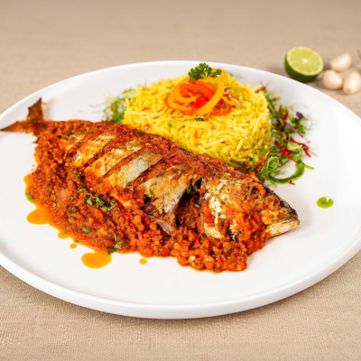 Creole Baked Fish with Papaya Chutney and Turmeric Rice
