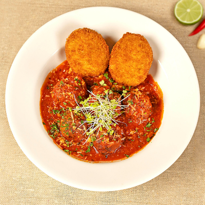 Ground Lamb Meat Balls Ratatouille with Ricotta Rice Cake
